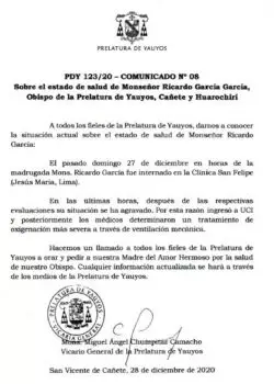 Prelatura de Yauyos, en Perú, pide oraciones por su Obispo, en estado grave por Covid 3 Comunicado