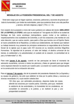 Arzobispo de Cali invita a los católicos a orar por Colombia en la posesión del nuevo presidente 3 IMG 20260806 WA0008