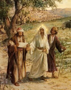 San Cleofás, sumido en la tristeza, Cristo Resurrecto lo busca, camino de Emaús 2 5 6