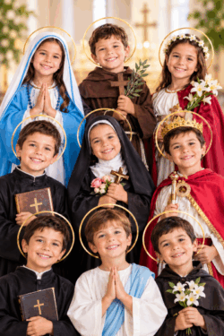 “¡Celebremos a los santos, no a los espantos!”: 10 ideas para vivir Todos los Santos en familia 2 Ninos santos con halos dorados